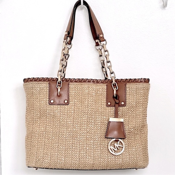 MICHAEL Michael Kors Rosalie East West Straw Tote w/Leather Trim GUC - Picture 1 of 16